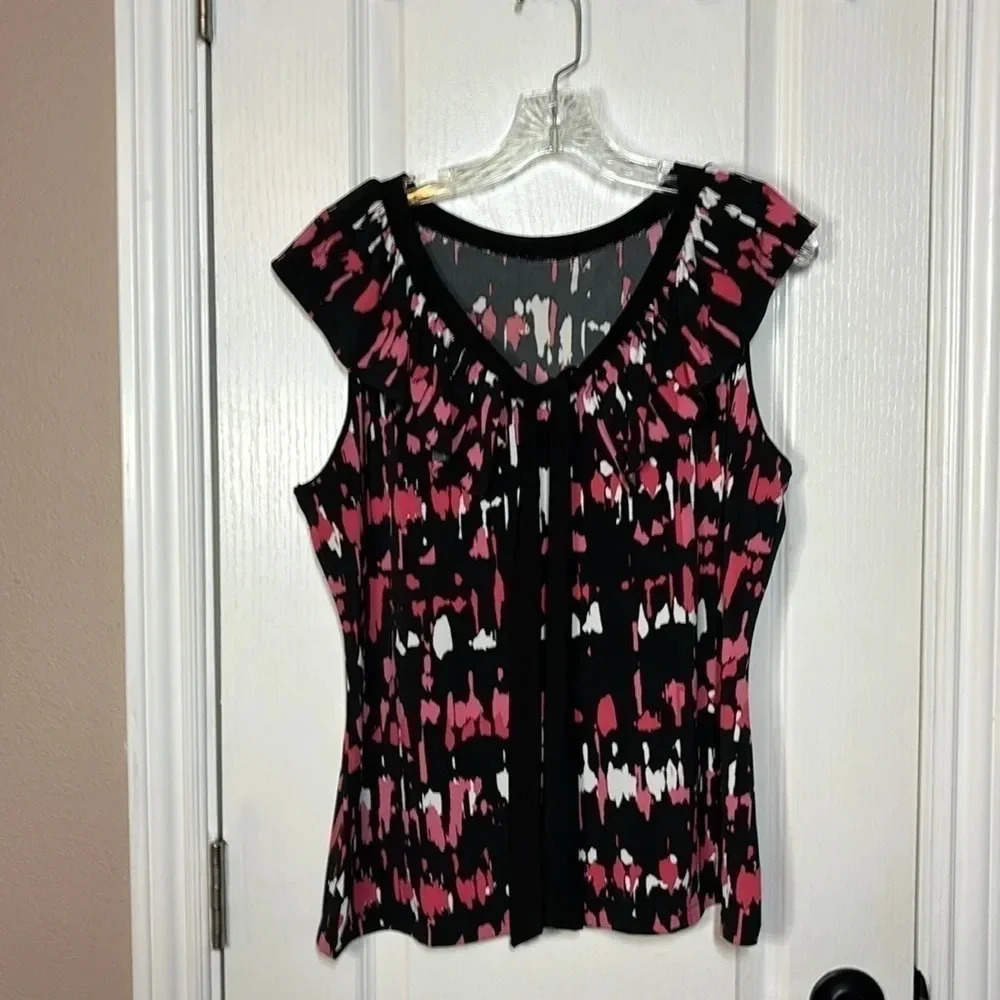Alfani‎ Women's Hot Pink Black Sleeveless Ruffle Collared Tie Front Neck Top XL